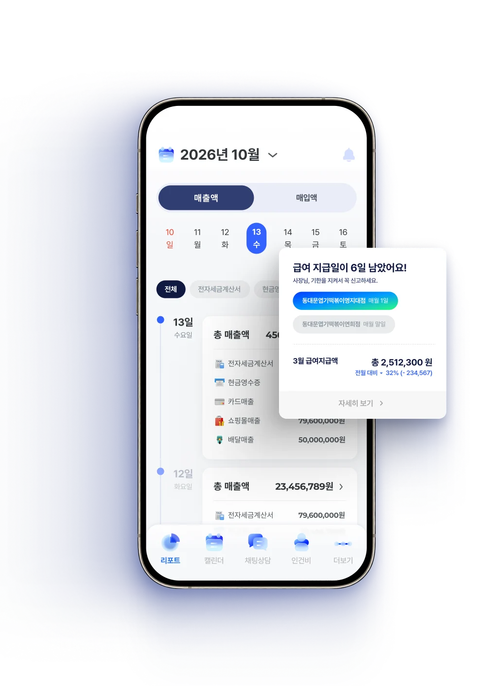 리드넘버 앱의 매출·매입·인건비 리포트 화면